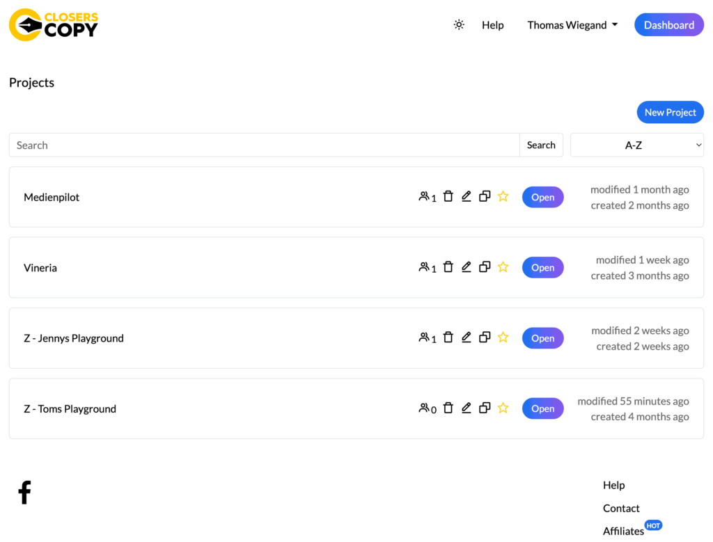 CloserCopy's dashboard is very clear and helps you manage your projects.