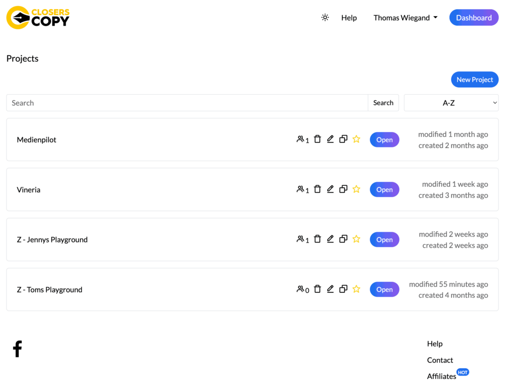 Das Dashboard von CloserCopy ist sehr übersichtlich und hilft dir bei der Projektverwaltung.