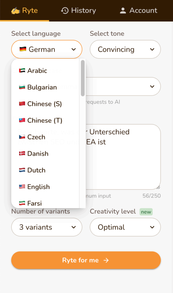 Rytr beherrscht aktuell ca. 30 Sprachen