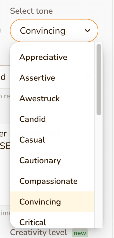 Select your desired tonality with which Rytr should create texts