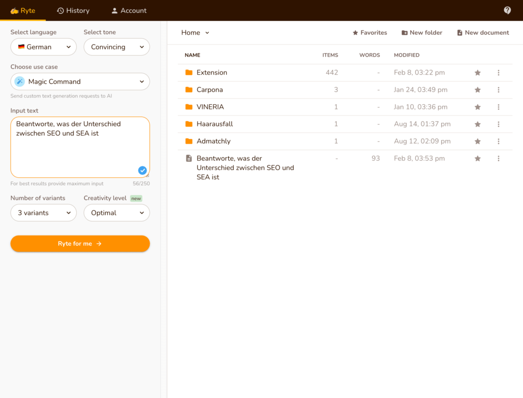 Rytr User Interface. Clear and oriented to the logic of an operating system