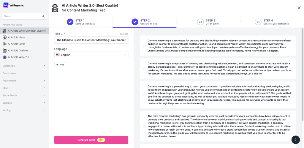 With Writesonic you can automatically get suggestions for your intro from a headline.