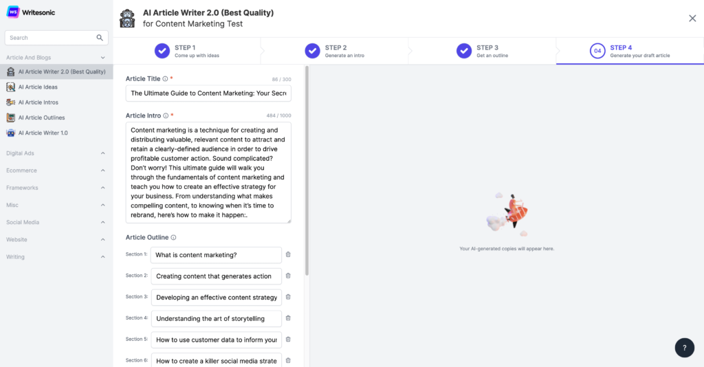 Writesonic even creates complete outlines for you with AI. You can adjust them manually and a complete article will be created from them.