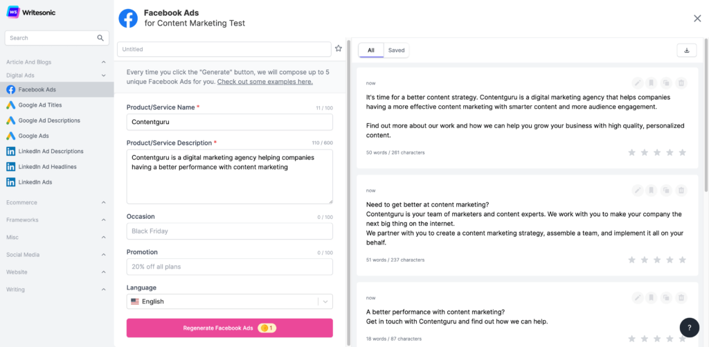 With Writesonic you can also create Facebook Ads and Google Ads.