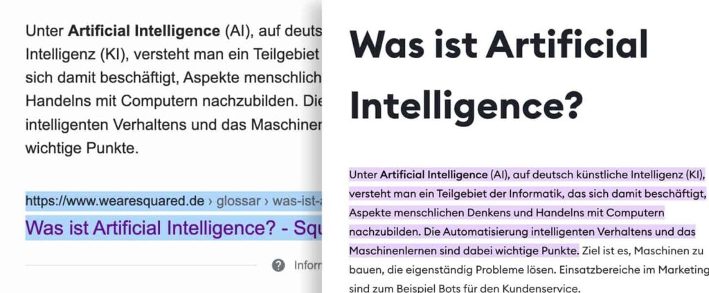 Es ist beim SEO für ein Featured Snippet ratsam exakt Suchanfragen im Text zu übernehmen.