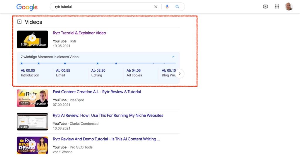 Videos also have their own format for feature snippets.