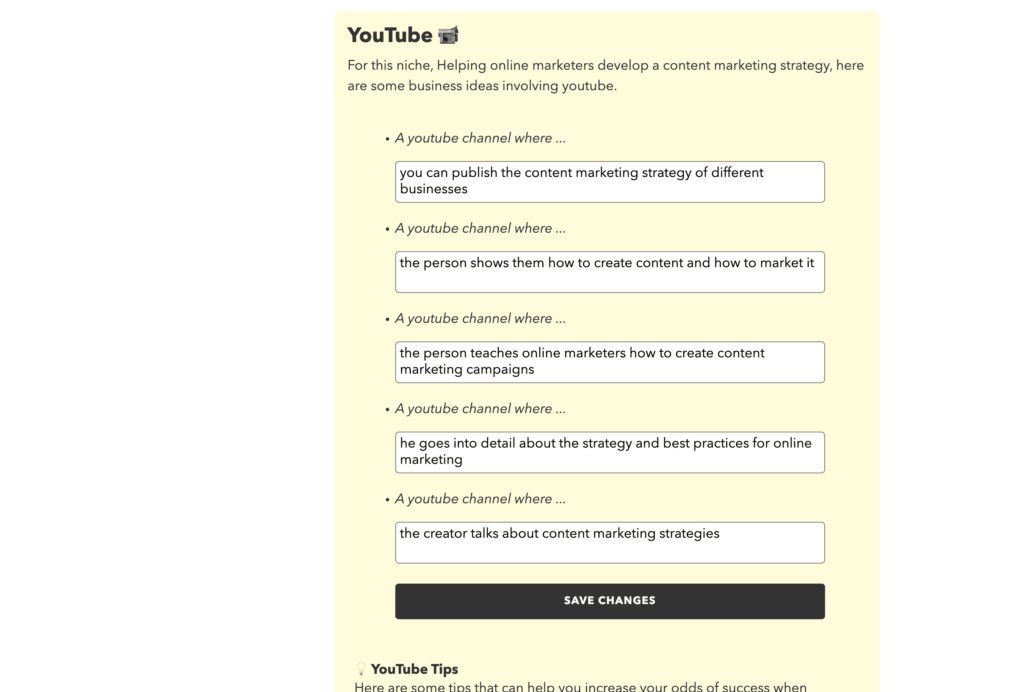 The business ideas can be related to different lines of business. So you want to earn your money with YouTube or Amazon or as a consultant, for example.