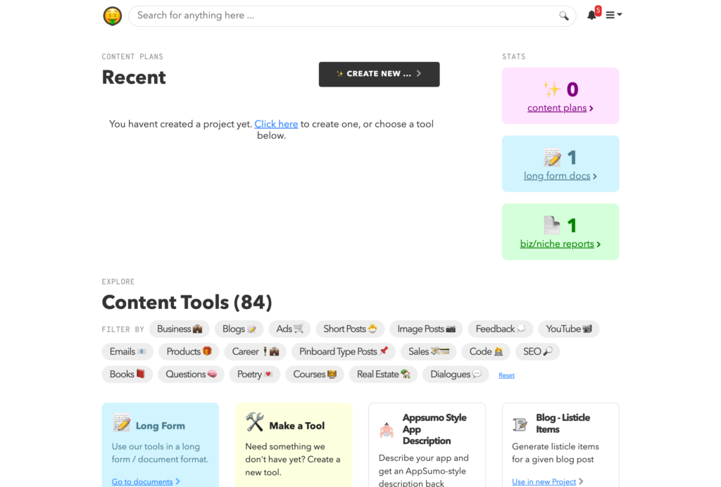 The logo already gives the hint... it becomes wild. Nichesss AI Content Writer comes up with a colorful, flashy dashboard. The 84 tools can be selected directly from the home page.
