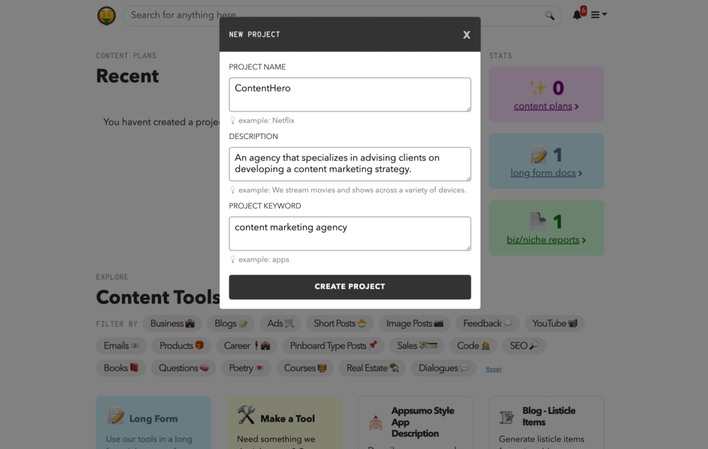 Wenn du ein neues Projekt in Nichesss startest kannt du den Namen des Projekts, eine Beschreibung und ein Zielkeyword angeben. Diese Inhaltsangaben stehen dir dann in jedem einzelnen Tool, das du innerhalb des Projekts verwendest, zur Verfügung.