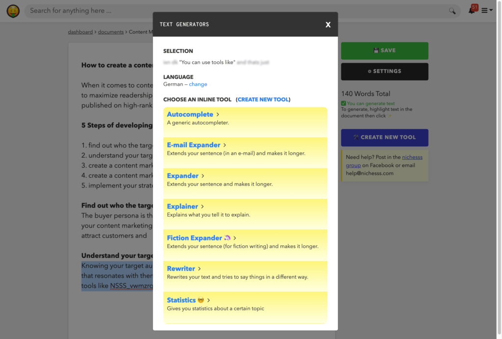 Long Form Editor is your personal copywriter and helps you write long texts. You can mark already written output and based on this context create further suggestions e.g. for your blog.