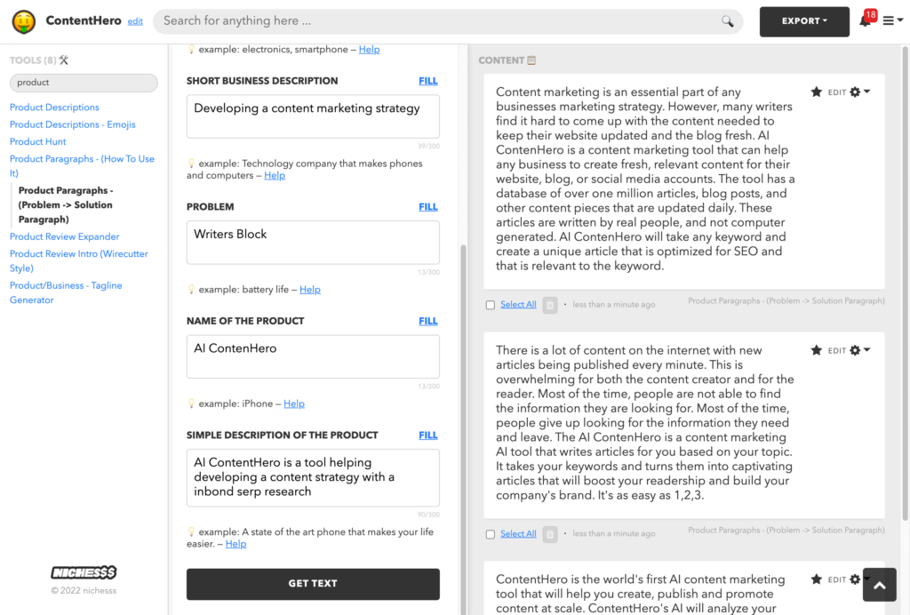 Nichesss offers several tools just for e-commerce operators. Thus, there are several tools for generating and writing product texts and reviews.