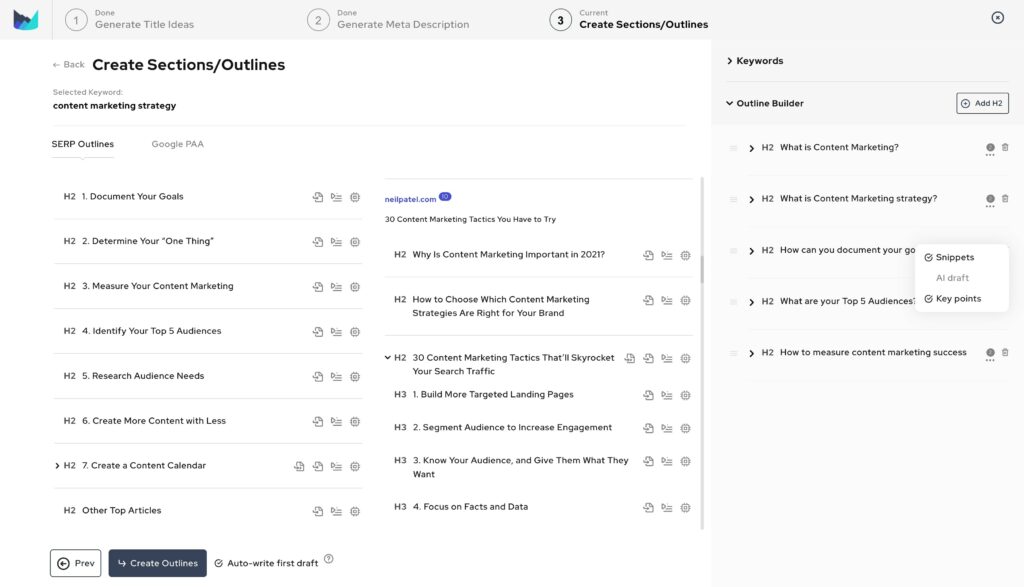 Mit dem Outline-Builder legst du die Basis für einen erfolgreichen Artikel. Du kannst aus den Serp-Informationen deiner Mitbewerber Ideen für Themenblöcke und Fragen der User in deinen Artikel übernehmen.
