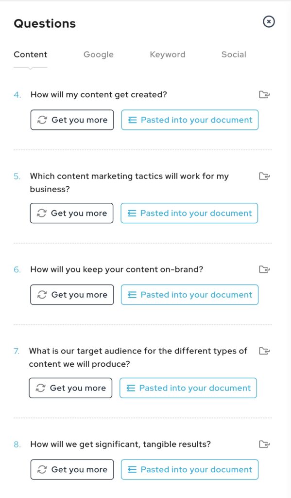 The Questions module researches for the questions about your topic that you should answer in the article. The questions come from your competitors' articles, Google PAA (People also Ask), and other sources.