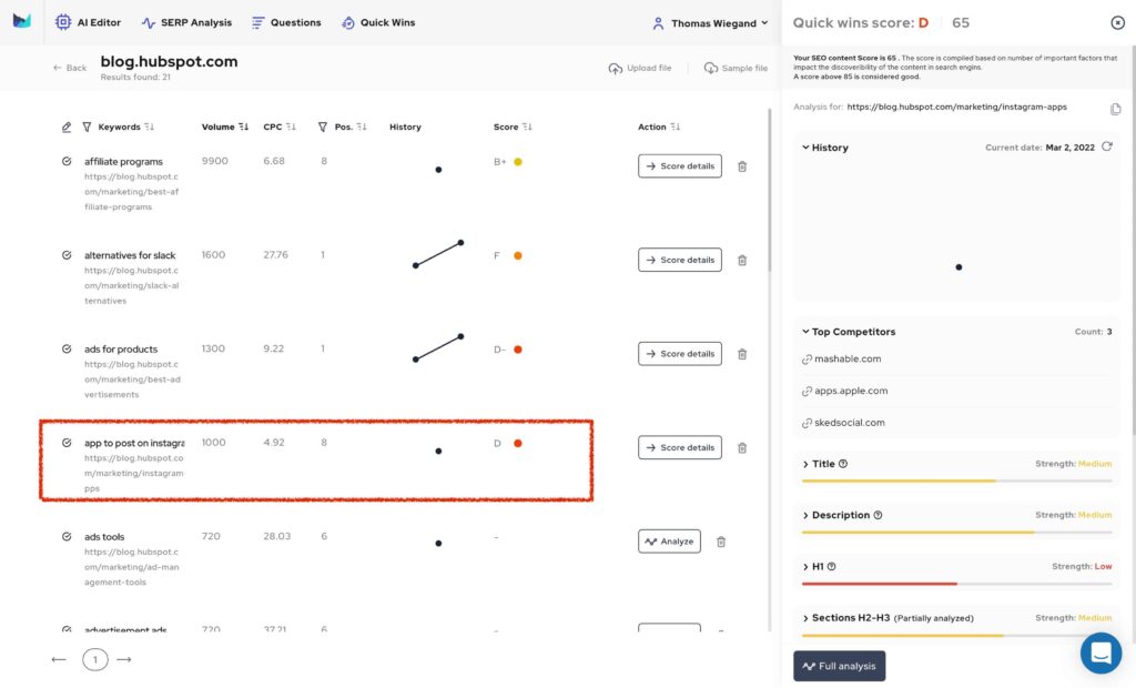 Das Keyword "app to post on instagram" rankt bereits auf Position 8, hat ein hohes Suchvolumen und einen schlechten Content-Score. Ein ideales Ziel die Seiten und den Artikel zu optimieren und schnell Top-Positionen zu erreichen.