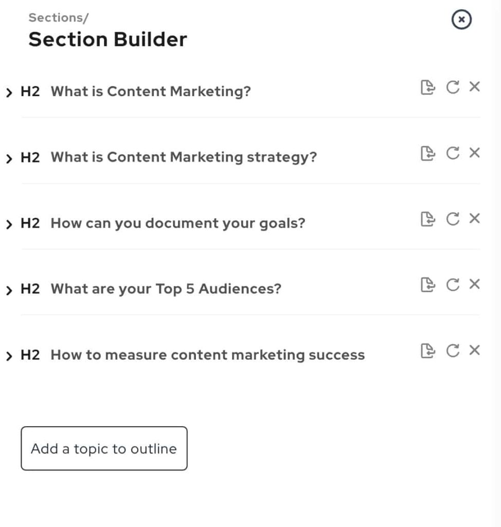 Also in the editor you can call the section builder with your outline at any time. From here, you create "Concepts" and use AI to write large sections of your article automatically.