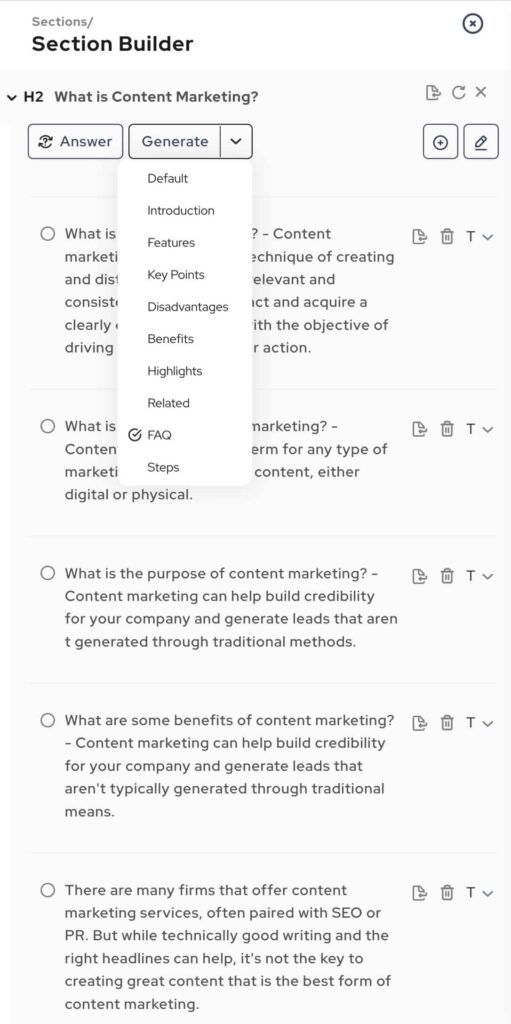 You can calculate the concepts with several templates. FAQ generates questions and answers from the SERPs. Features tries to find functions and data. Disadvantages.