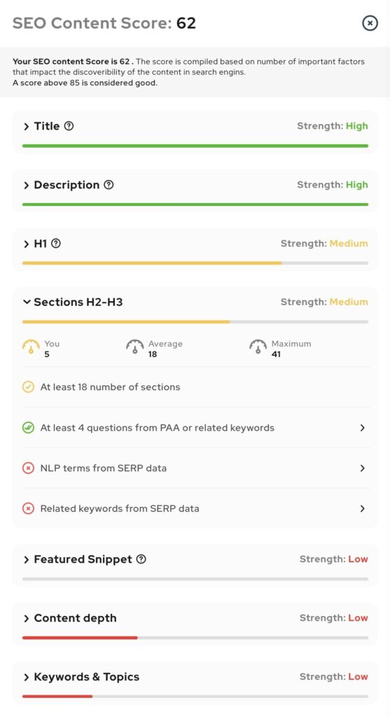 In Ranking Pages, all competitors for your search term are displayed. The score shows you the content strength of the respective ranking article. Furthermore, you are shown metrics for the linking of the competitor with Domain Authority and Page Authority.