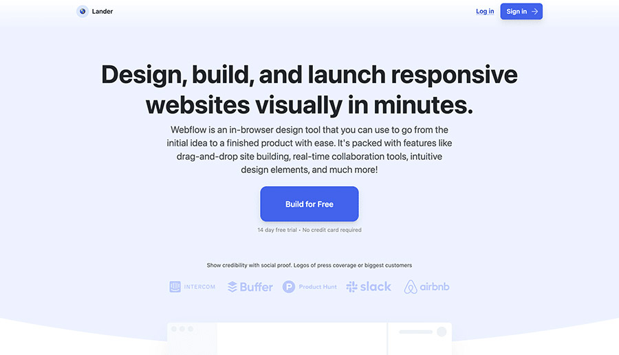 Screanshot of a landing page